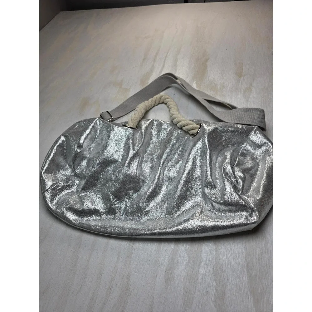 Metallic Silver Duffle Bag Y2K Rope Handle Crossbody Nautical Festival Boho